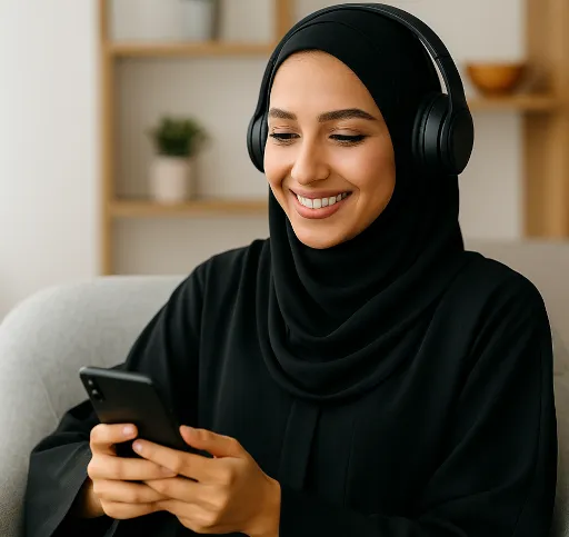 Arab learner studying English with headphones