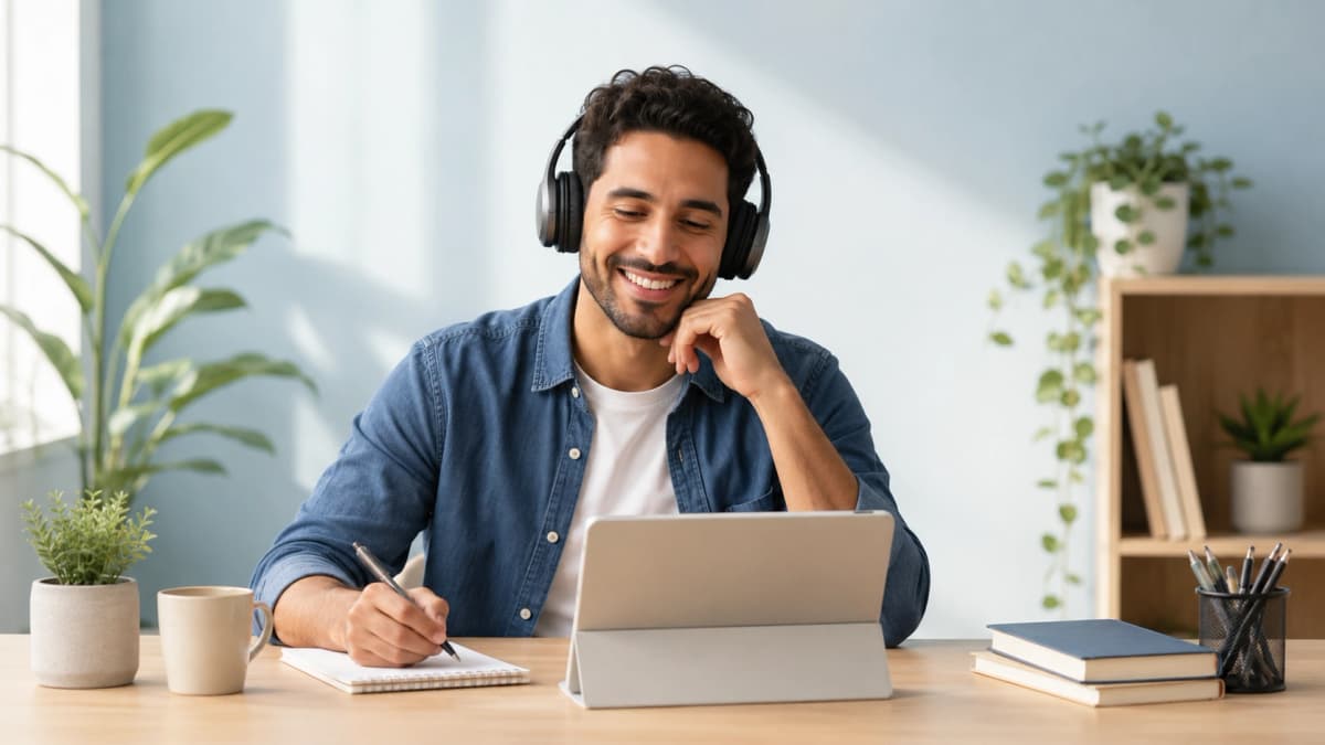 طالبة عربية تستمع إلى درس إنجليزي قصير وتقرأ النص بالإنجليزية والعربية