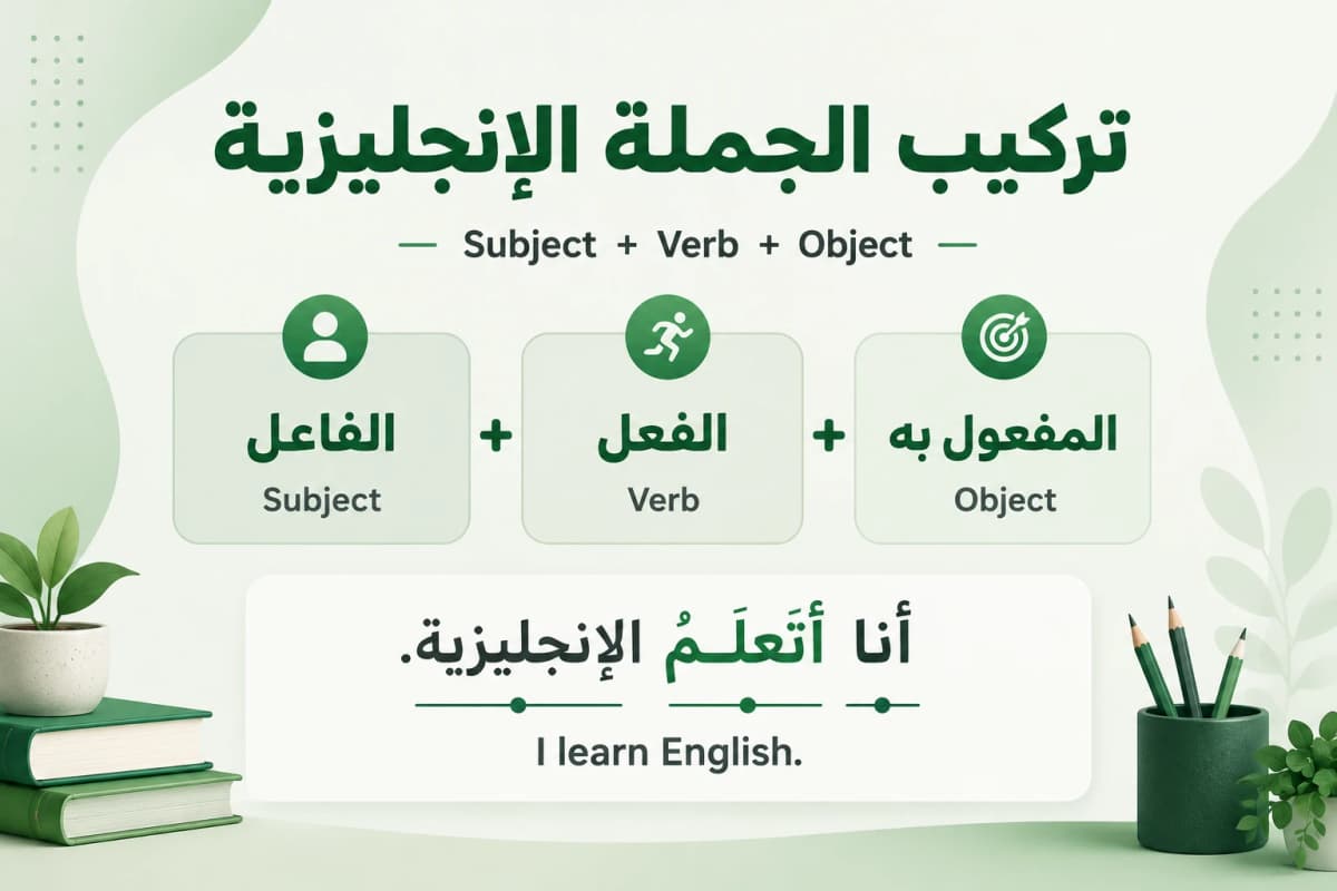 متعلّم عربي يرتّب كلمات إنجليزية لتكوين جملة صحيحة مع شرح للقواعد